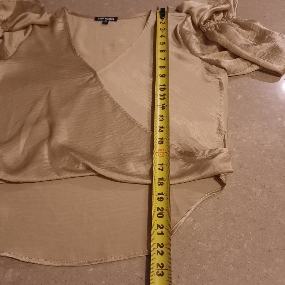 Steve Madden Faux Wrap Blouse Sz Medium Champagne Beige Cream Satin Look V Neck - Picture 7 of 10